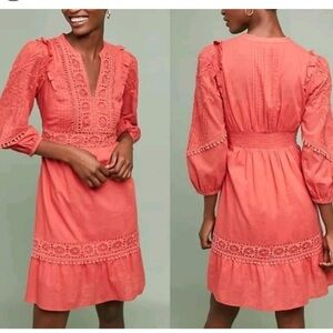 ANTHROPOLOGIE AKEMI + KIN JOSEPHINE Coral Embroidered Women's Dress SIZE XS